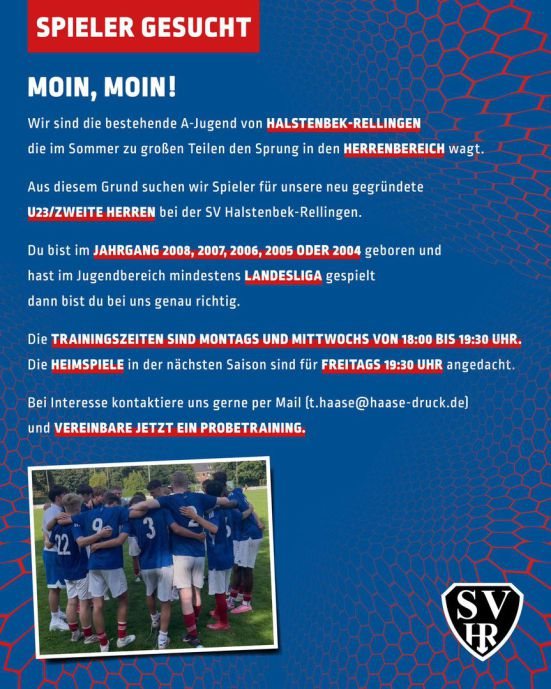 Flyer: Spieler gesucht für die neu gegründete U23 der SV Halstenbek-Rellingen